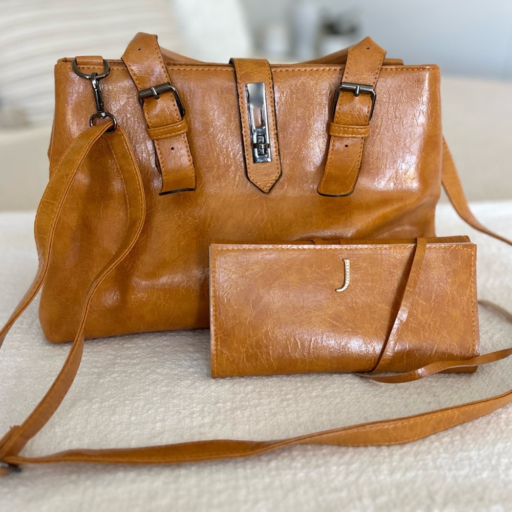 Jafra Cognac Brown Handbag Purse - Bolsa De Mano Con Set De Brochas